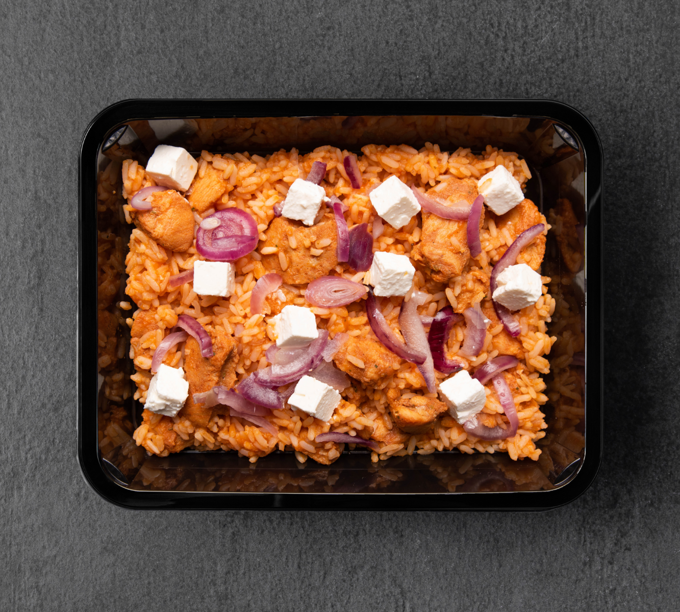 Tomatentrip - Hähnchen - griechische Art (rote Zwiebel & Feta)