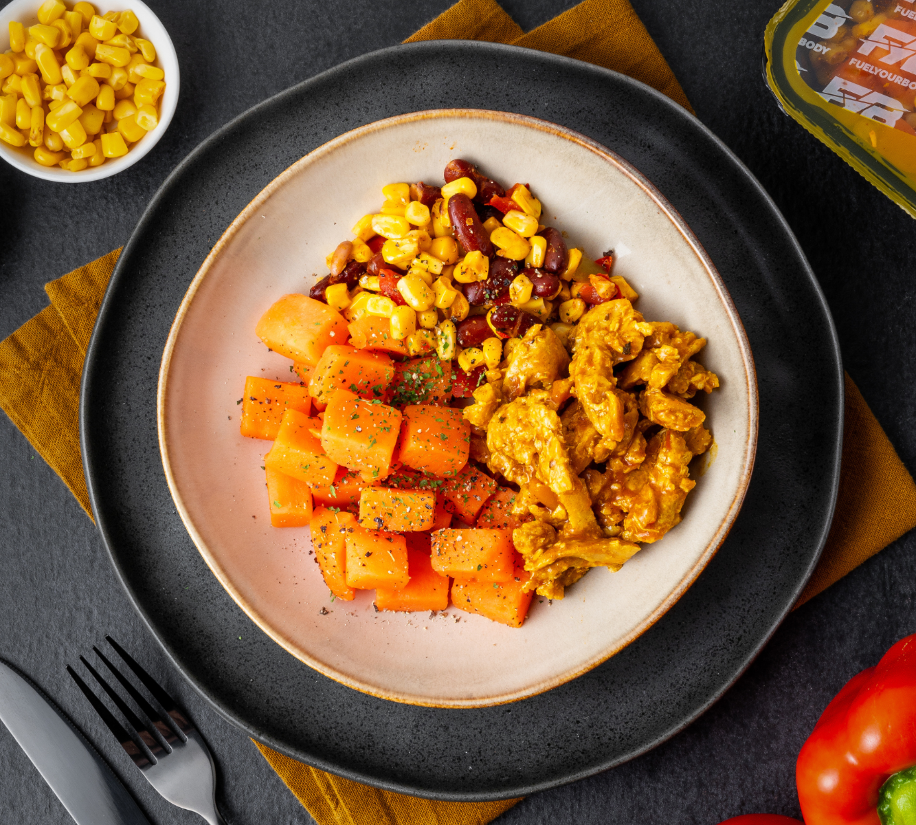 Sußkartoffel - BBQ vegan chicken - Rostmaïs mix [VEGAN]