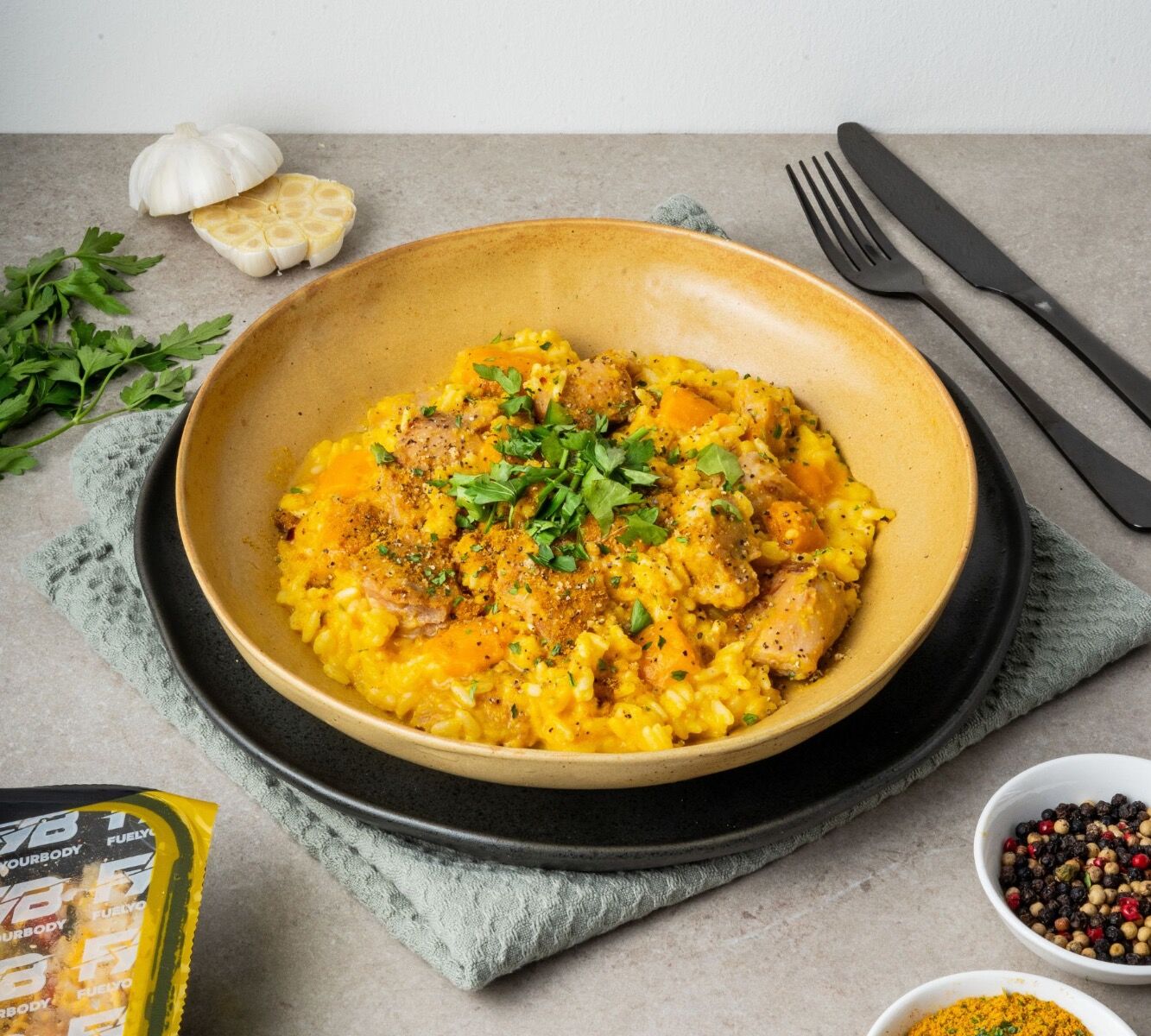 Kürbis-Risotto - Hähnchen