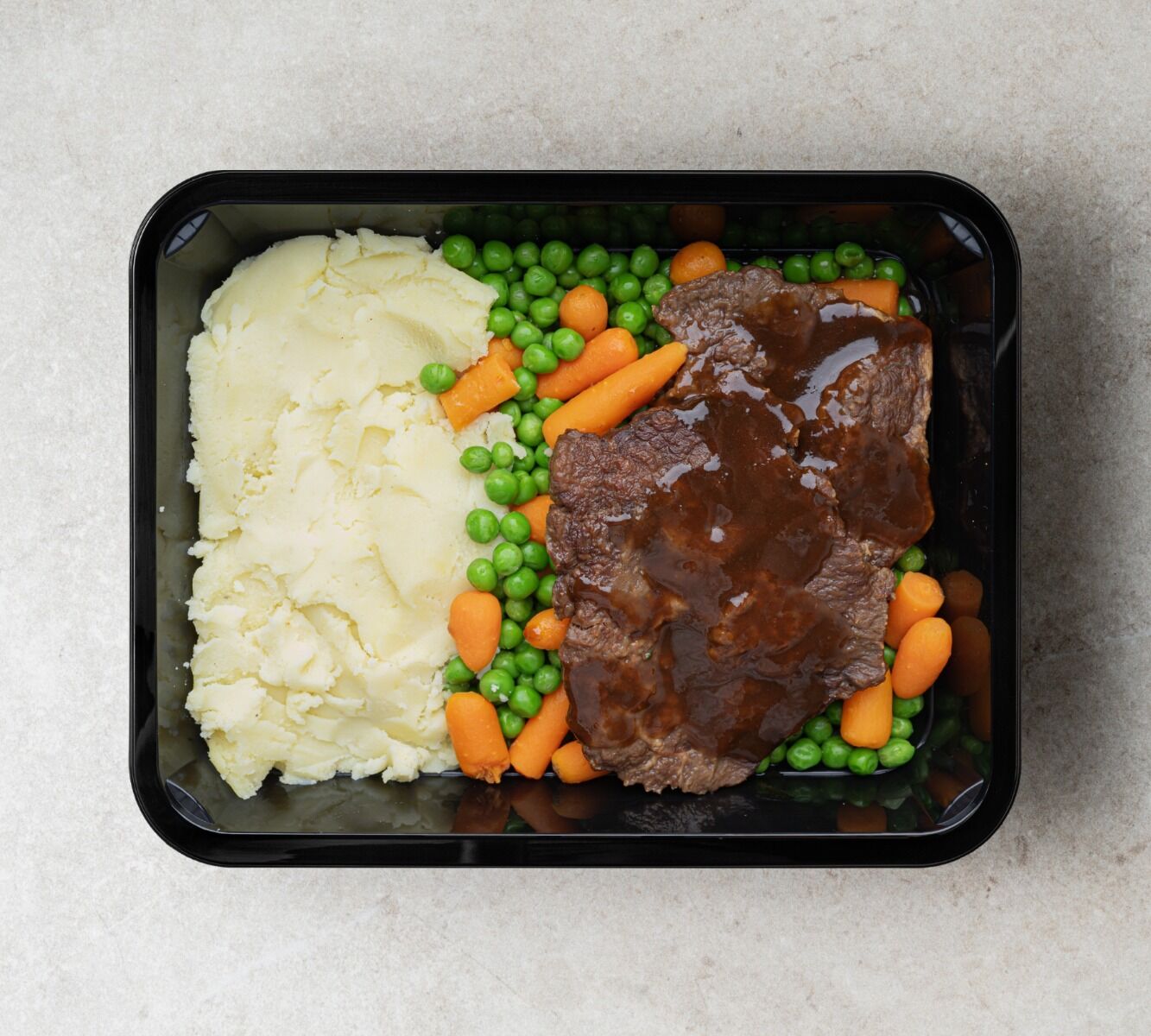 Püree - Rindersteak - Gartenerbsen & Karotten (mit Soße)