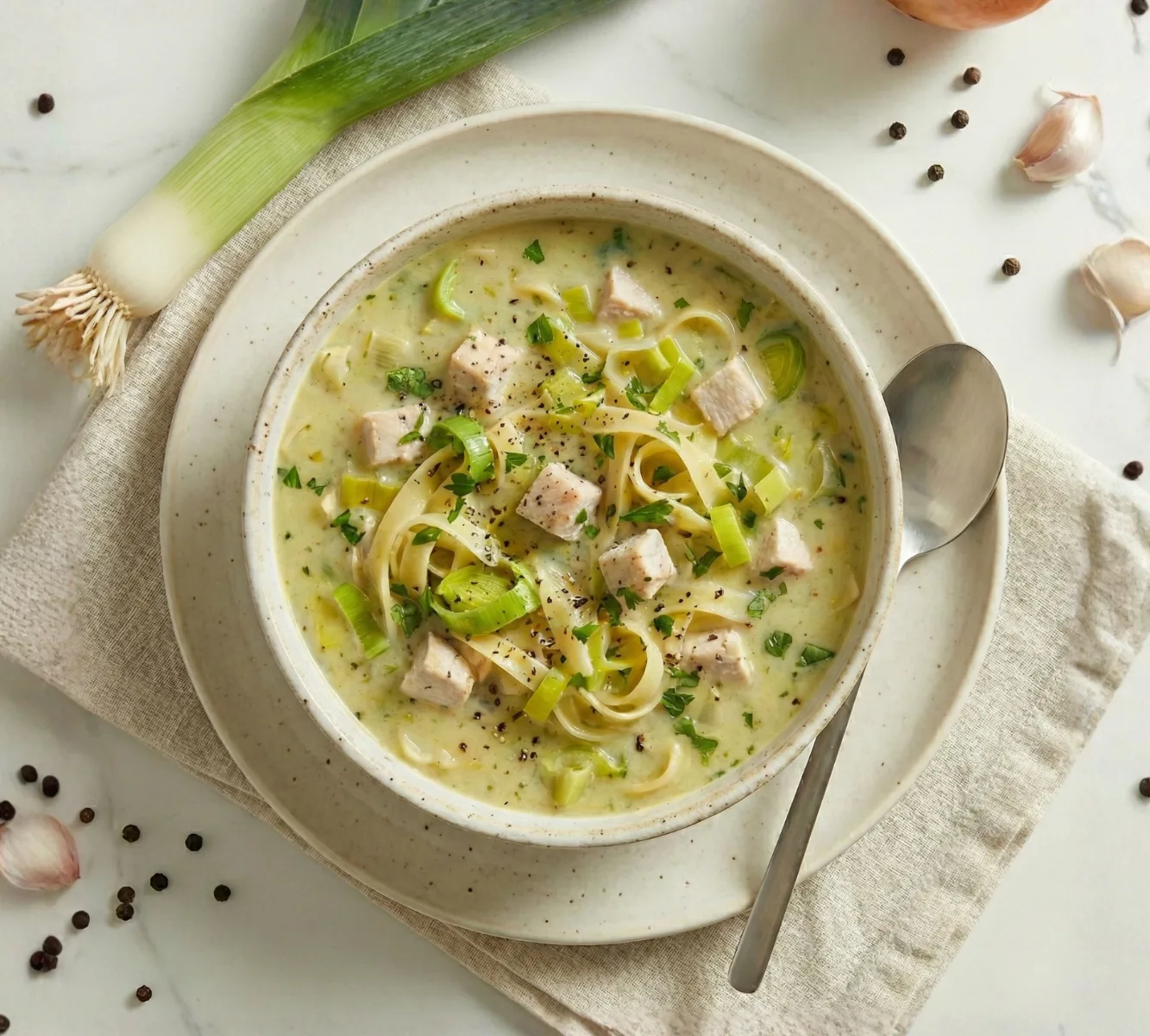 Cremige Fuel Lauch-Hähnchen-Suppe