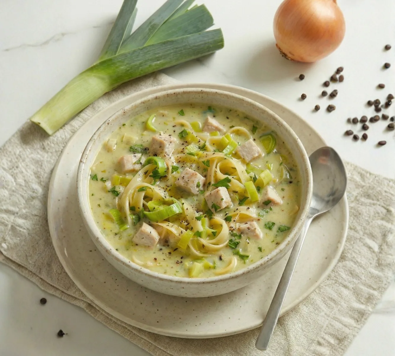 Cremige Fuel Lauch-Hähnchen-Suppe