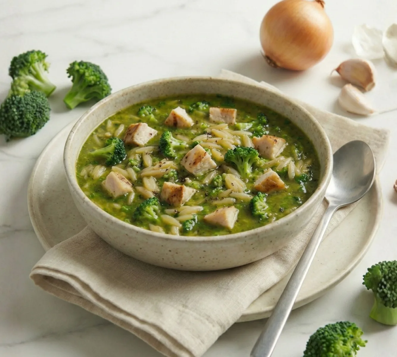 Green-Fuel-Suppe mit Hähnchen, Orzo und Brokkoli